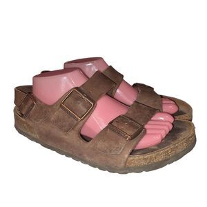 BIRKENSTOCK ARIZONA 11L 9M Brown Distressed Leather Triple Buckle Summer Sandals